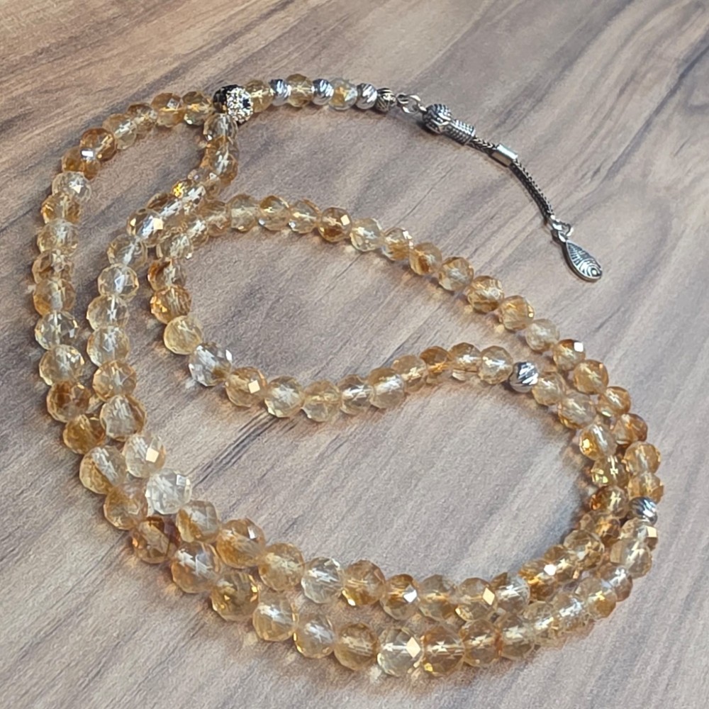 SİTRİN FASET KESİM 6MM 9LU GÜMÜŞ APARATLI TESBİH S2