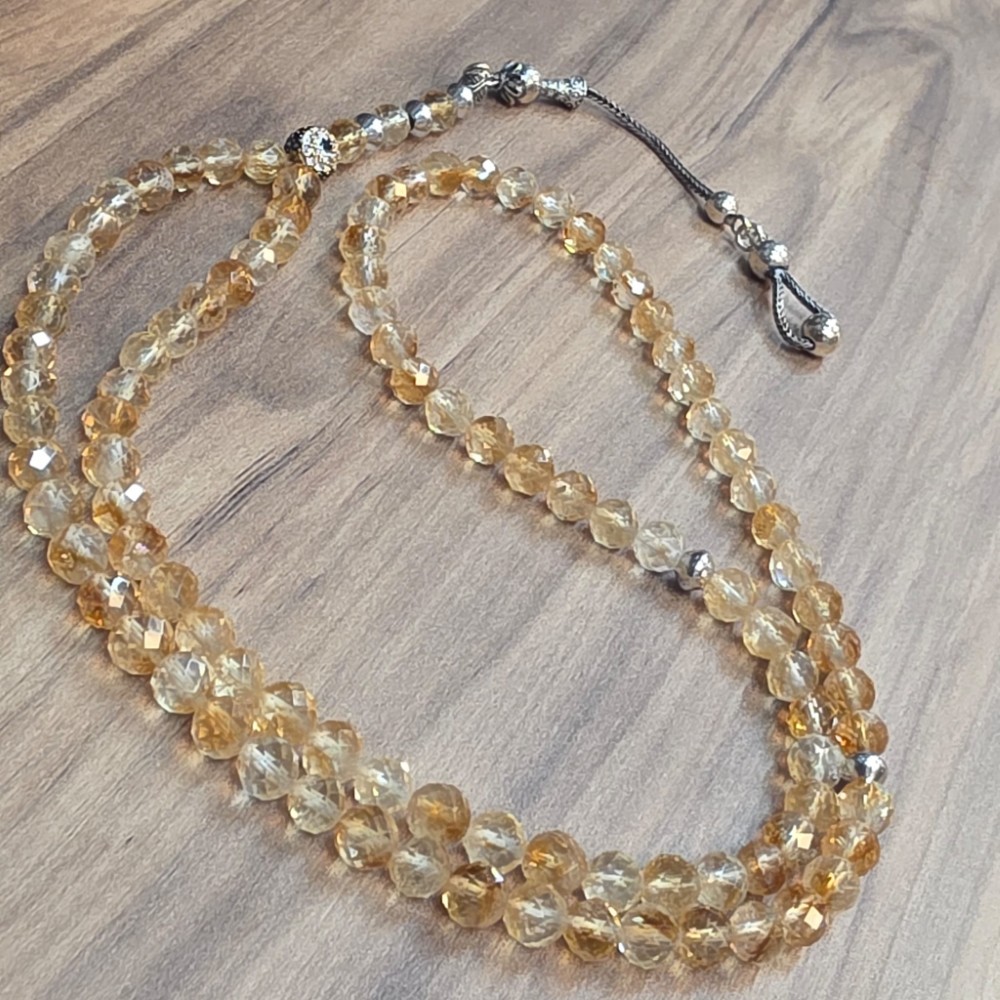 SİTRİN FASET KESİM 6MM 9LU GÜMÜŞ APARATLI TESBİH S1